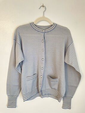 BARRIE 100% merino wool blue white striped button cardigan with pockets